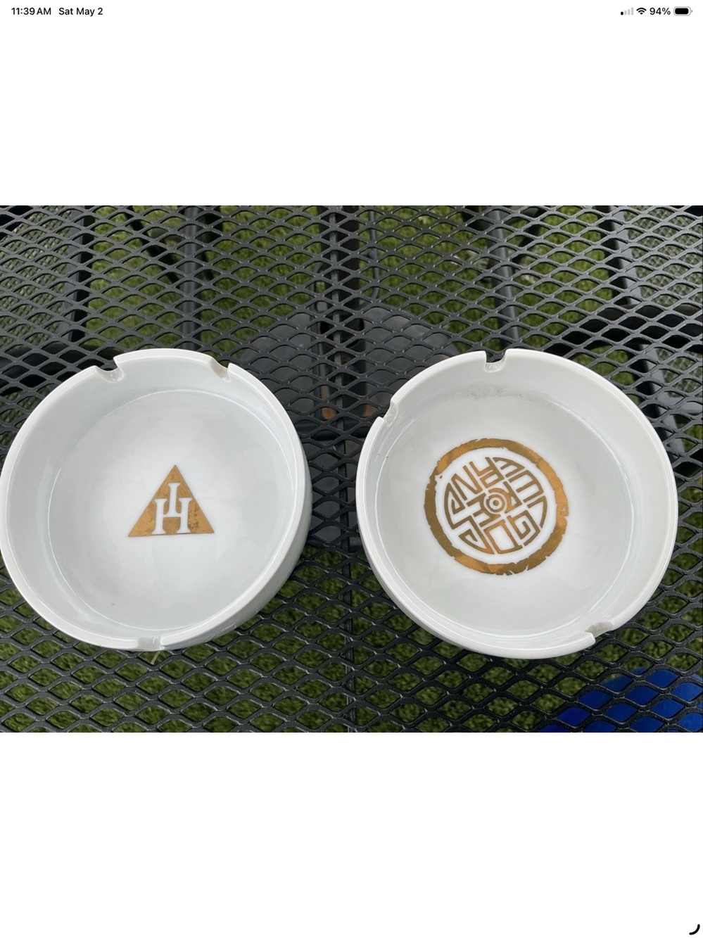 2 Vintage CERAMIC ASHTRAYS White With Gold, Taihei Japan & TOSYO, TOBACCO Rare